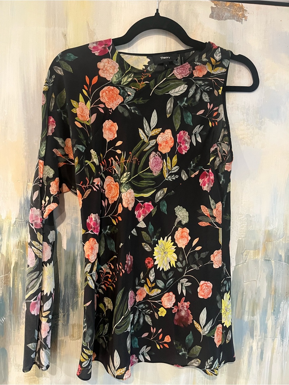 Theory Black Floral Asymmetrical One-Shoulder Blouse Size Small